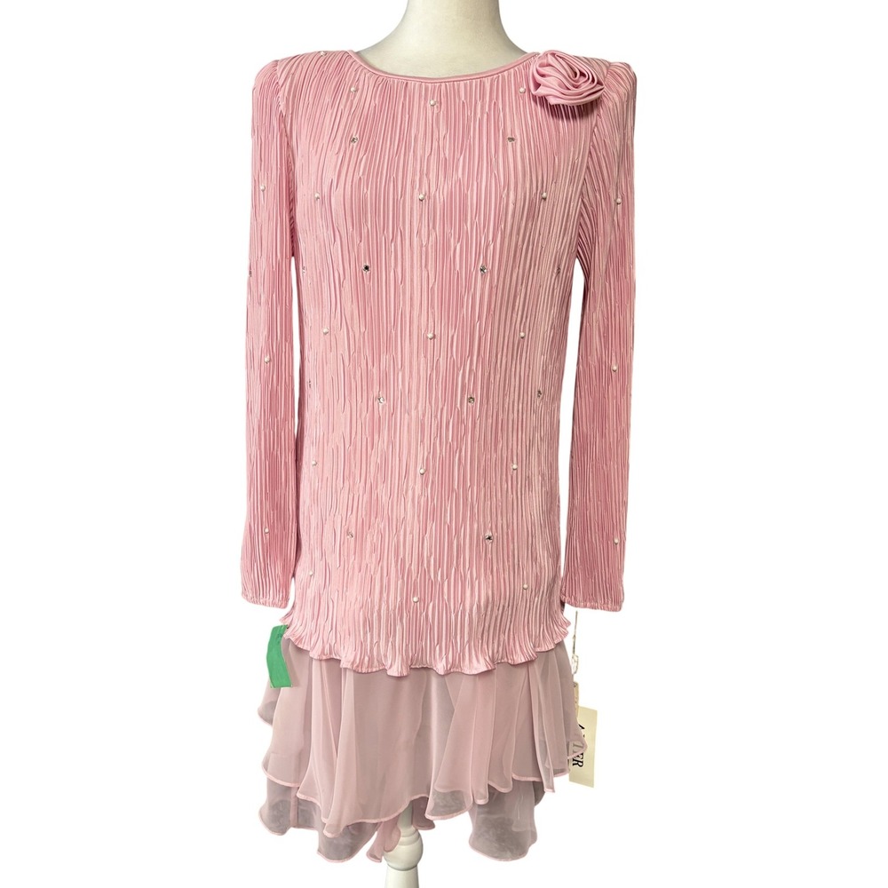 Vintage After Dark Dress Womens 10 Pink Pleated‎ Beaded Chiffon Tiered Party 80s